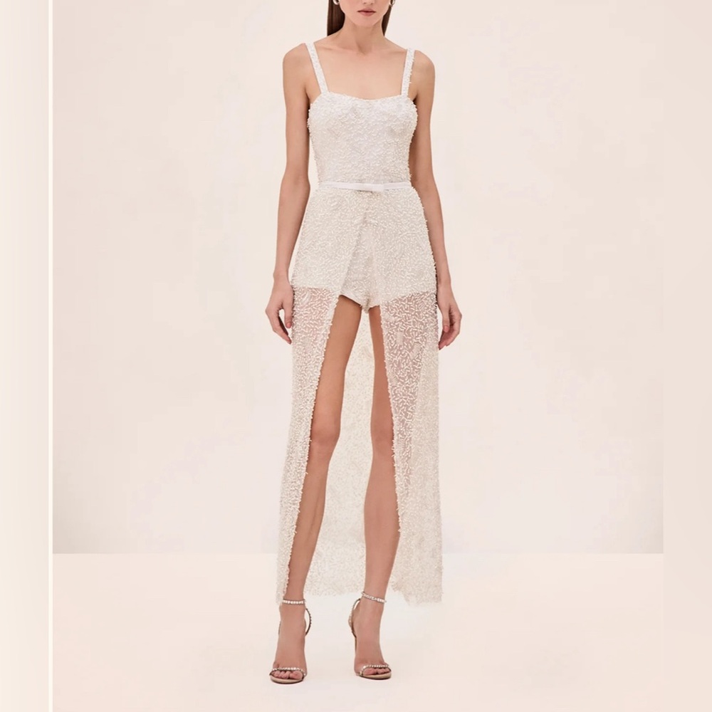Alexis Cream Lace Romper with Sheer Overlay